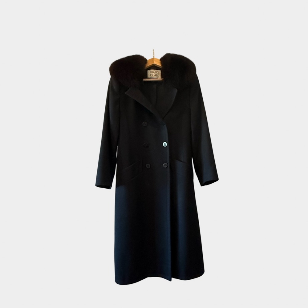 Vintage Bullock’s Wilshire Black Wool Coat w/ Fur Collar – Long Double Breasted